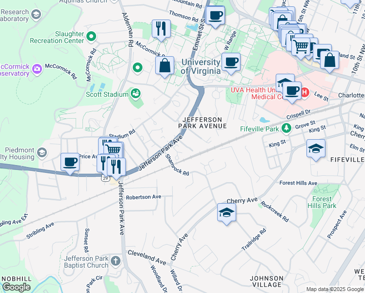 map of restaurants, bars, coffee shops, grocery stores, and more near 102 Carrollton Terrace in Charlottesville