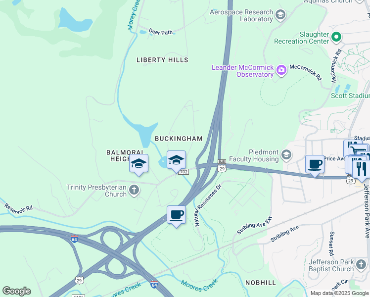 map of restaurants, bars, coffee shops, grocery stores, and more near 107 Buckingham Circle in Charlottesville