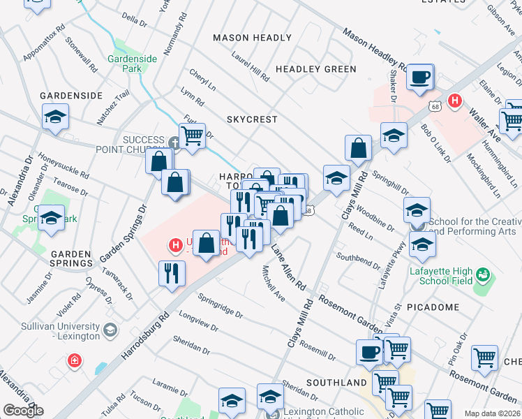 map of restaurants, bars, coffee shops, grocery stores, and more near 746 Allendale Drive in Lexington