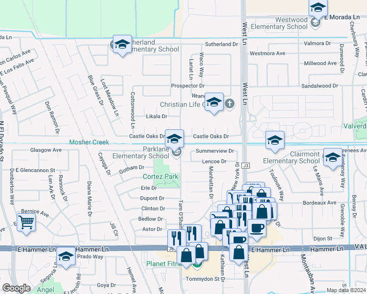 map of restaurants, bars, coffee shops, grocery stores, and more near 8438 Tam O'Shanter Drive in Stockton