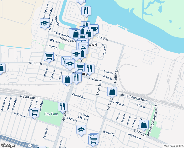 map of restaurants, bars, coffee shops, grocery stores, and more near 901-955 Los Medanos Street in Pittsburg