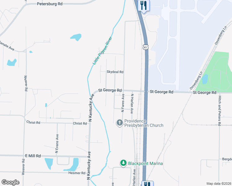 map of restaurants, bars, coffee shops, grocery stores, and more near 1151 Saint George Road in Evansville