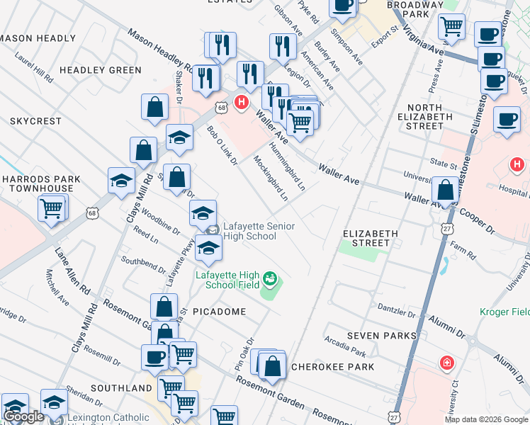 map of restaurants, bars, coffee shops, grocery stores, and more near 464 Bob-O-Link Drive in Lexington