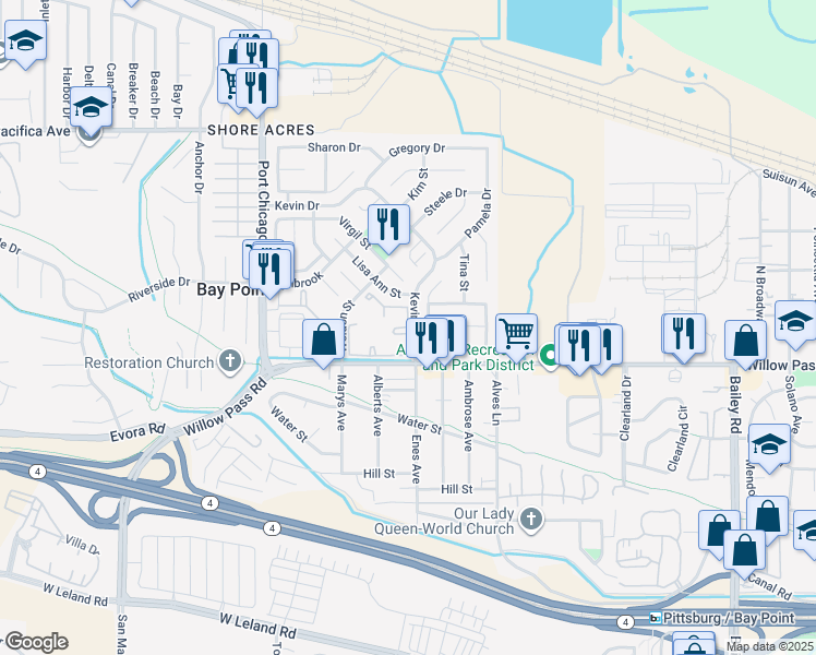 map of restaurants, bars, coffee shops, grocery stores, and more near 2070 Shoreview Court in Pittsburg