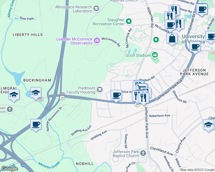 map of restaurants, bars, coffee shops, grocery stores, and more near 137 Mimosa Court in Charlottesville