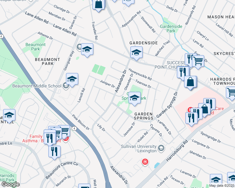 map of restaurants, bars, coffee shops, grocery stores, and more near 2068 Alexandria Drive in Lexington
