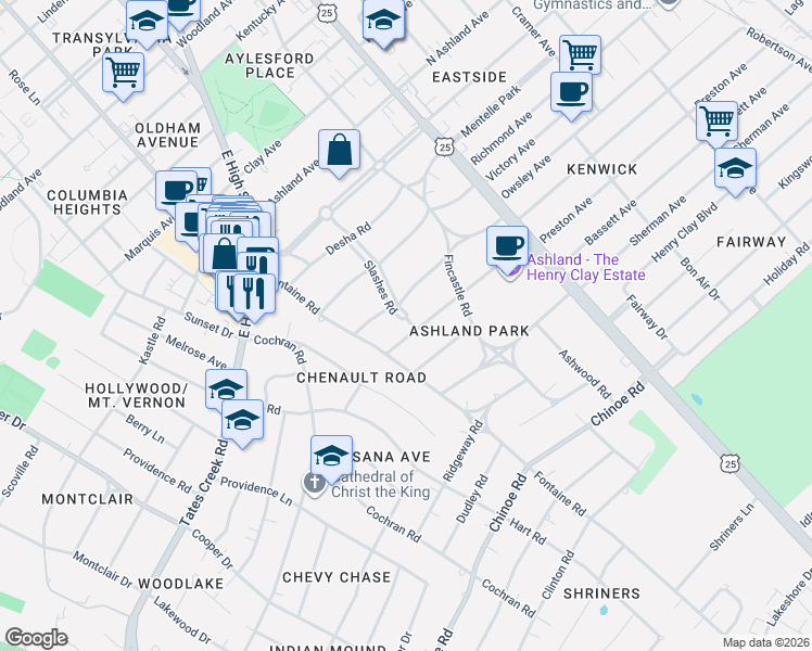 map of restaurants, bars, coffee shops, grocery stores, and more near 1206 Slashes Road in Lexington