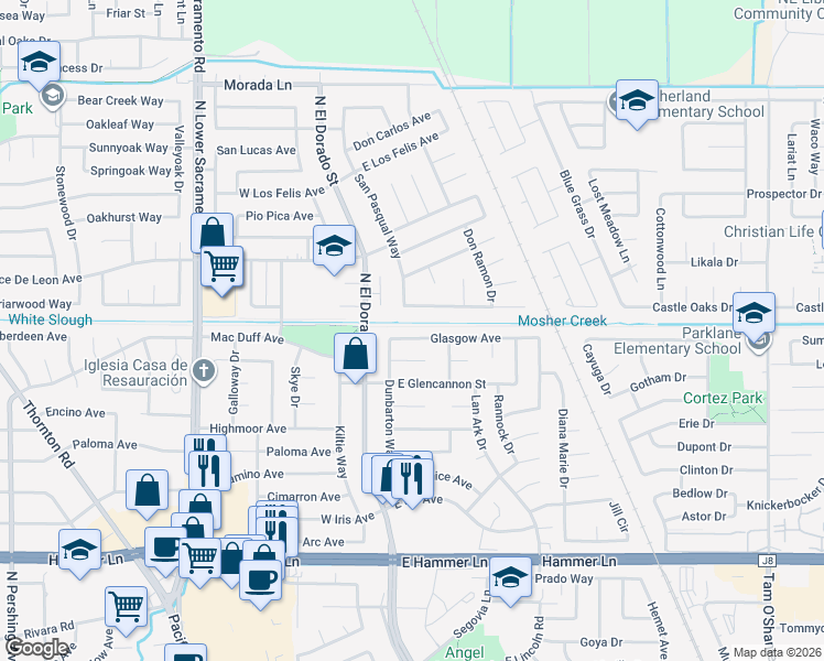map of restaurants, bars, coffee shops, grocery stores, and more near 151 Glasgow Avenue in Stockton