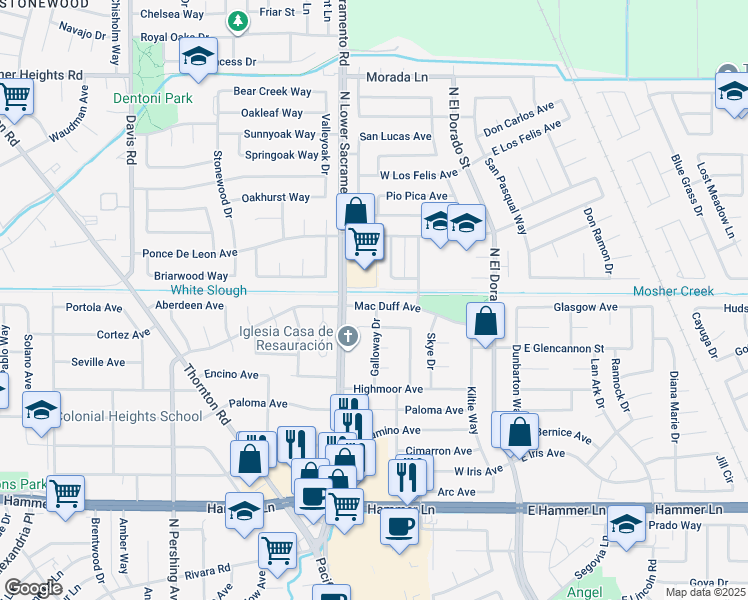 map of restaurants, bars, coffee shops, grocery stores, and more near 801 Mac Duff Avenue in Stockton