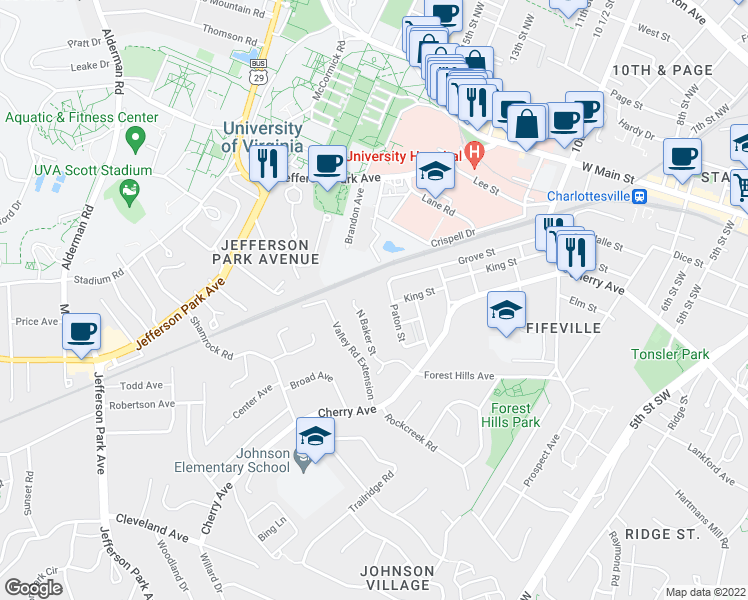 map of restaurants, bars, coffee shops, grocery stores, and more near 307 Paton Street in Charlottesville