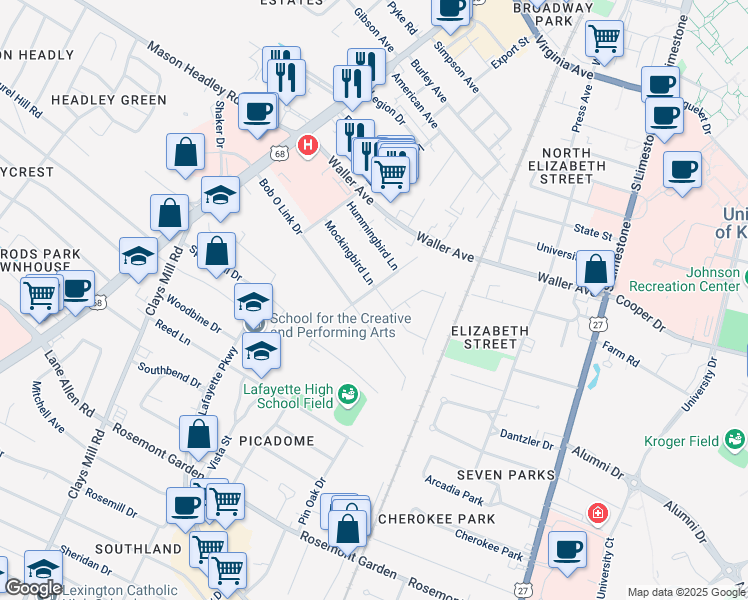 map of restaurants, bars, coffee shops, grocery stores, and more near 288 Mockingbird Lane in Lexington