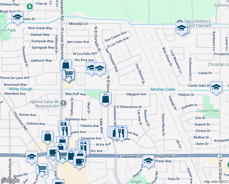map of restaurants, bars, coffee shops, grocery stores, and more near 103 Glasgow Avenue in Stockton