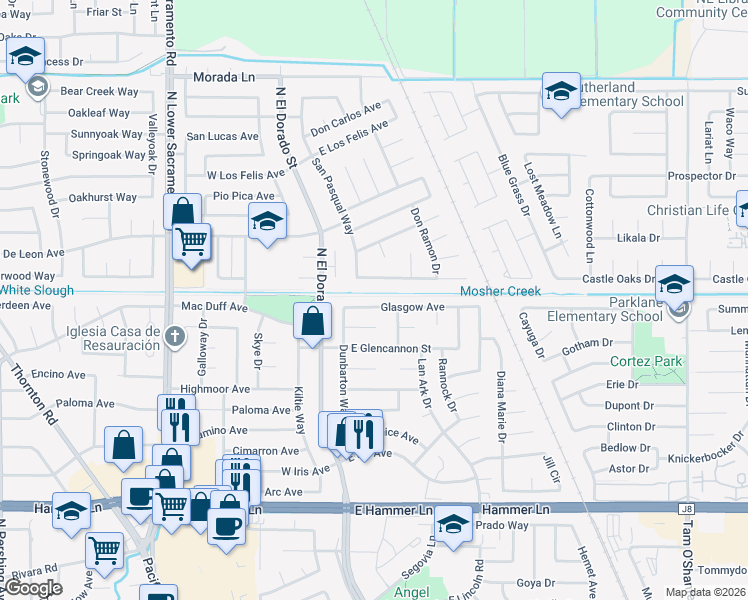 map of restaurants, bars, coffee shops, grocery stores, and more near 151 Glasgow Avenue in Stockton