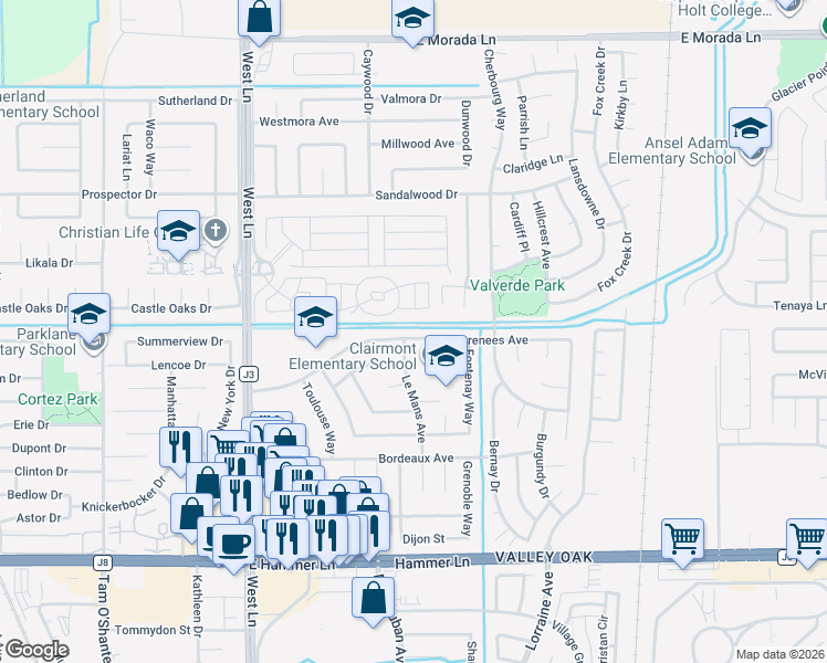 map of restaurants, bars, coffee shops, grocery stores, and more near 2113 Pyrenees Avenue in Stockton