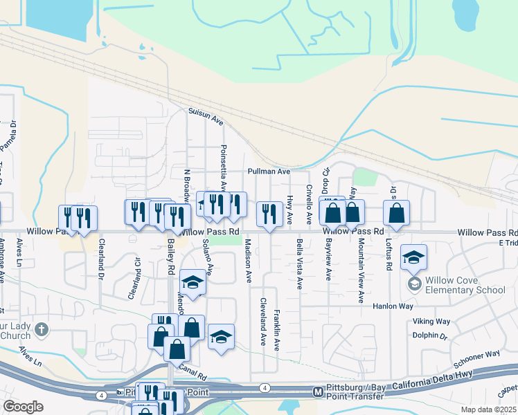 map of restaurants, bars, coffee shops, grocery stores, and more near 116 Gibson Avenue in Bay Point