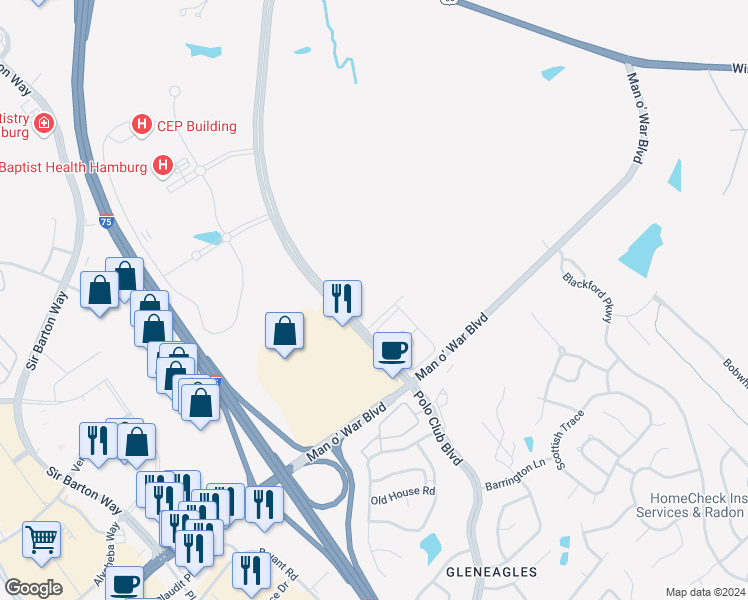 map of restaurants, bars, coffee shops, grocery stores, and more near 1825 Little Herb Way in Lexington