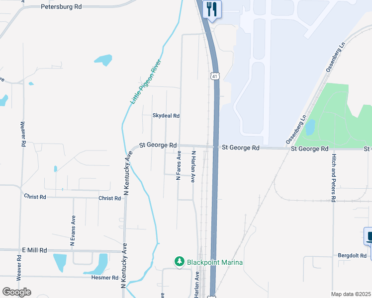 map of restaurants, bars, coffee shops, grocery stores, and more near 1211 Saint George Road in Evansville