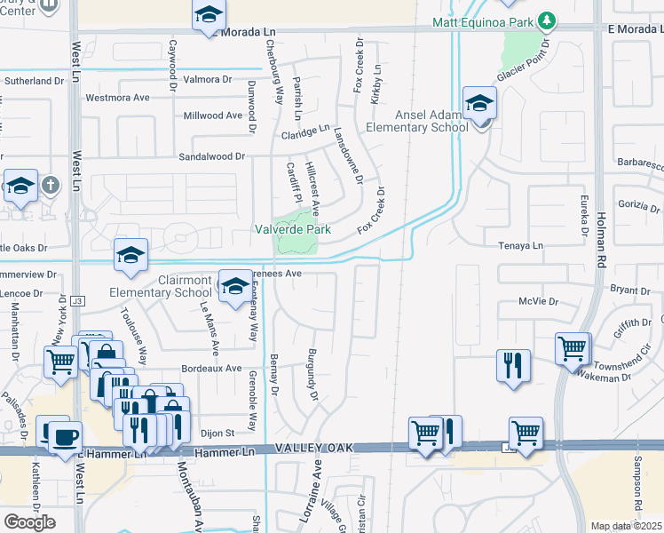 map of restaurants, bars, coffee shops, grocery stores, and more near 2617 Pyrenees Avenue in Stockton