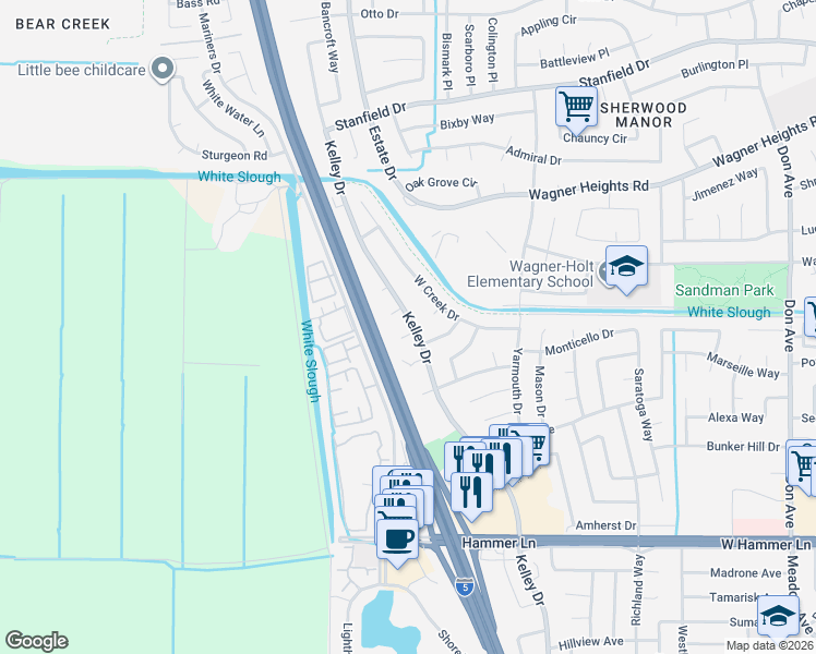 map of restaurants, bars, coffee shops, grocery stores, and more near 3405 Roanoke Court in Stockton
