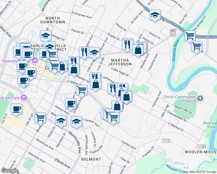 map of restaurants, bars, coffee shops, grocery stores, and more near 207 12th Street Northeast in Charlottesville