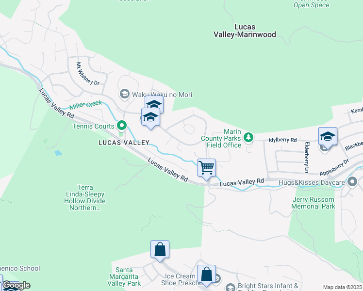 map of restaurants, bars, coffee shops, grocery stores, and more near 1 Mount Susitna Court in San Rafael