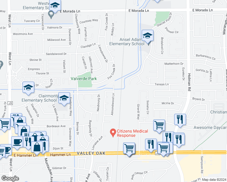 map of restaurants, bars, coffee shops, grocery stores, and more near 2798 Maplewood Street in Stockton