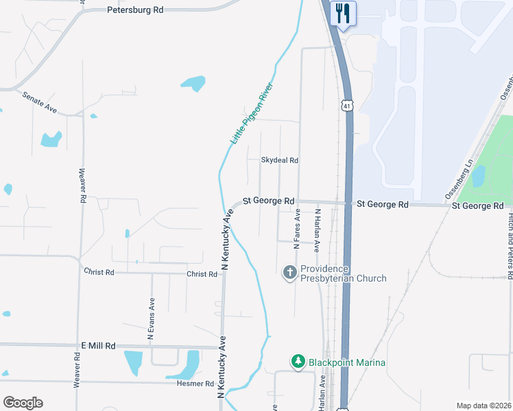map of restaurants, bars, coffee shops, grocery stores, and more near 1027 Saint George Road in Evansville