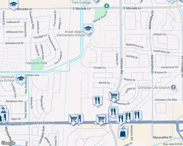 map of restaurants, bars, coffee shops, grocery stores, and more near 8621 Leadon Drive in Stockton