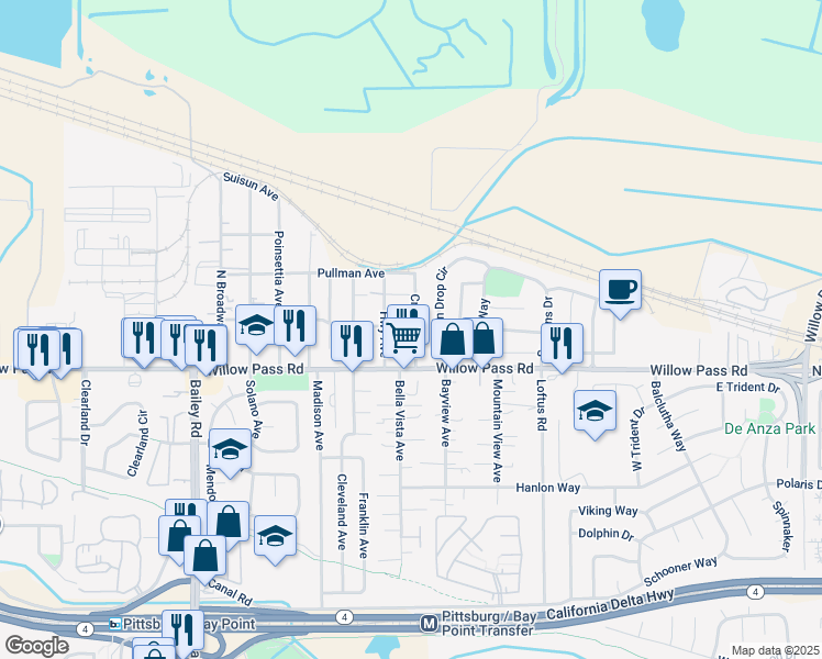 map of restaurants, bars, coffee shops, grocery stores, and more near 95 Crivello Avenue in Bay Point