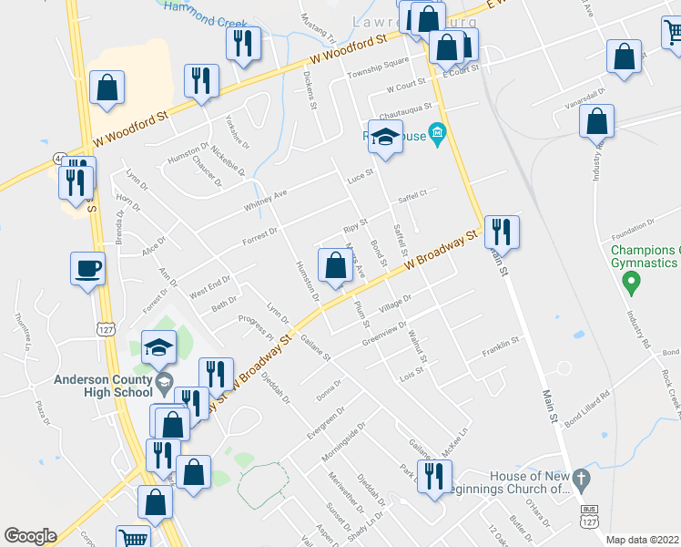 map of restaurants, bars, coffee shops, grocery stores, and more near 102 Johnson Street in Lawrenceburg