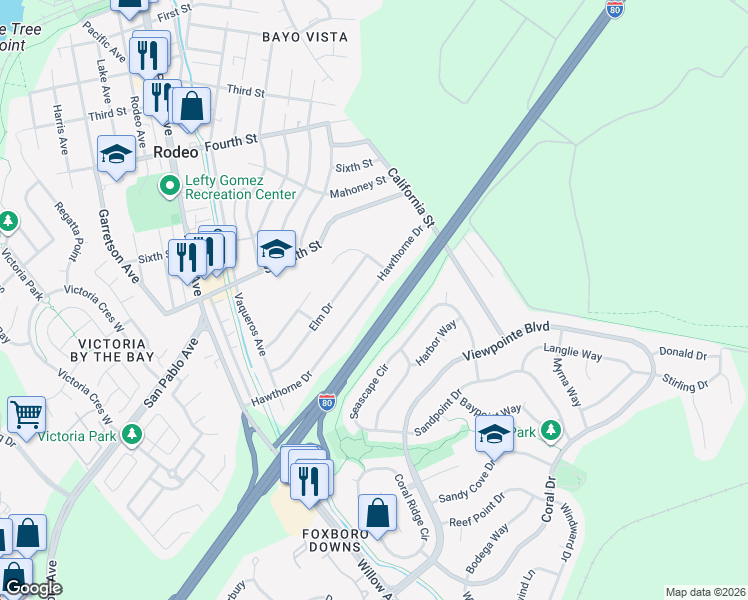 map of restaurants, bars, coffee shops, grocery stores, and more near 943 Hawthorne Drive in Rodeo