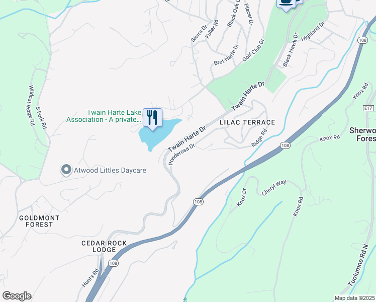 map of restaurants, bars, coffee shops, grocery stores, and more near 22369 Ponderosa Drive in Twain Harte