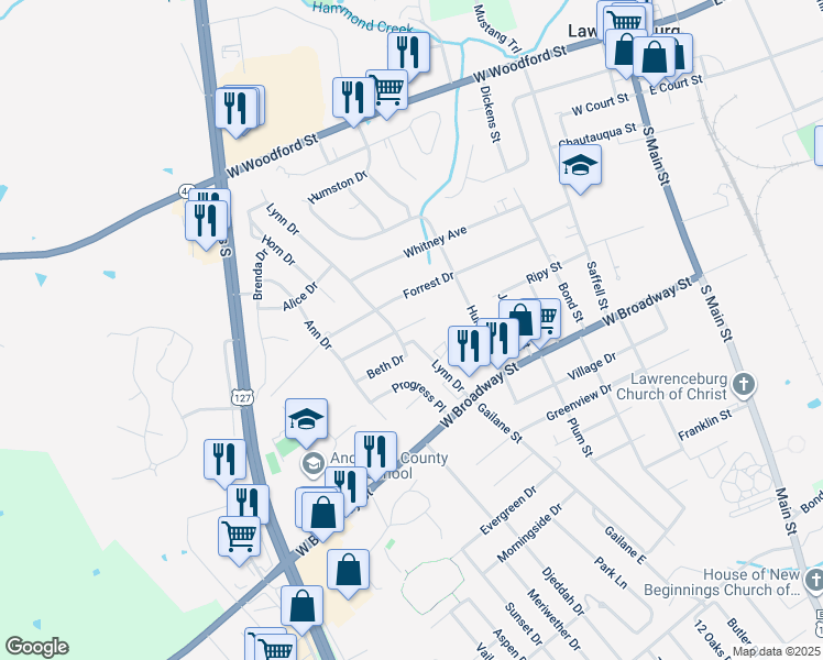 map of restaurants, bars, coffee shops, grocery stores, and more near 202 West End Drive in Lawrenceburg