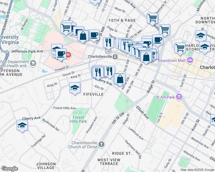 map of restaurants, bars, coffee shops, grocery stores, and more near 513 7 1/2 Street Southwest in Charlottesville