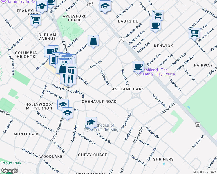 map of restaurants, bars, coffee shops, grocery stores, and more near 1206 Slashes Road in Lexington