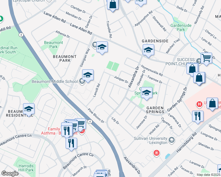 map of restaurants, bars, coffee shops, grocery stores, and more near 2111 Palms Drive in Lexington