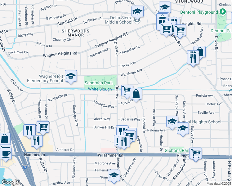 map of restaurants, bars, coffee shops, grocery stores, and more near 2505 Antoine Court in Stockton