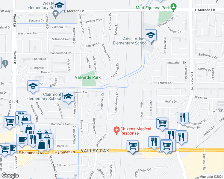 map of restaurants, bars, coffee shops, grocery stores, and more near 8499 Lorraine Avenue in Stockton