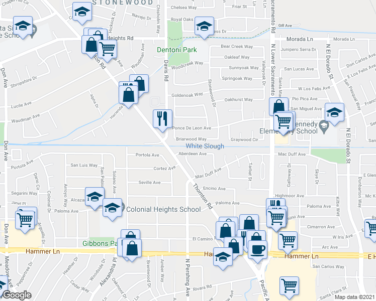 map of restaurants, bars, coffee shops, grocery stores, and more near 1303 Aberdeen Avenue in Stockton