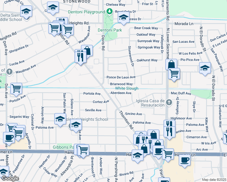 map of restaurants, bars, coffee shops, grocery stores, and more near 1303 Aberdeen Avenue in Stockton