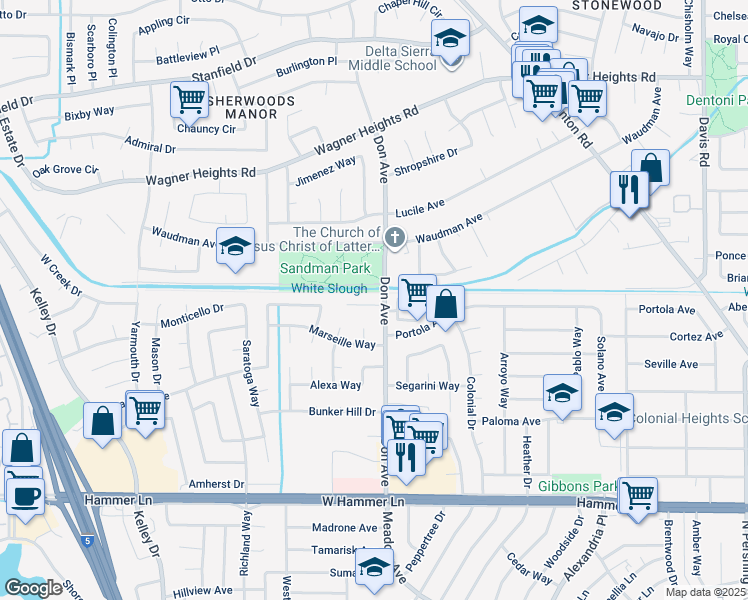 map of restaurants, bars, coffee shops, grocery stores, and more near 2505 Antoine Court in Stockton