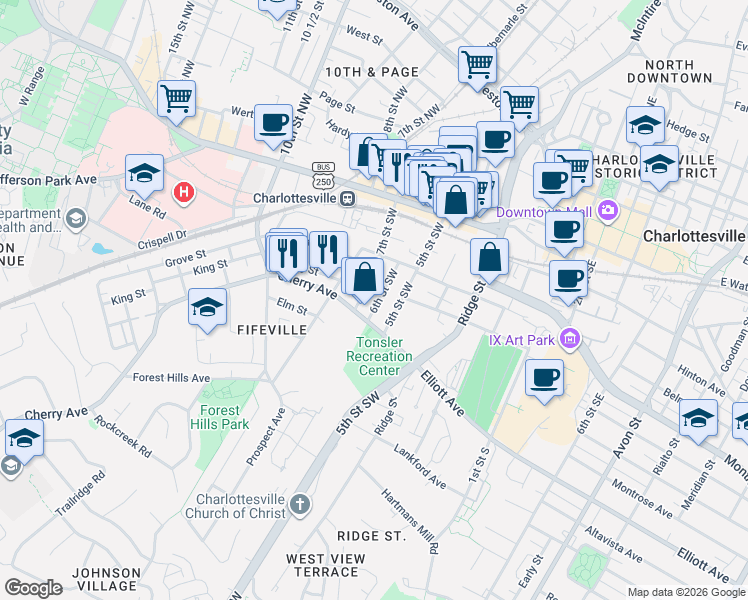 map of restaurants, bars, coffee shops, grocery stores, and more near 337 6th Street Southwest in Charlottesville