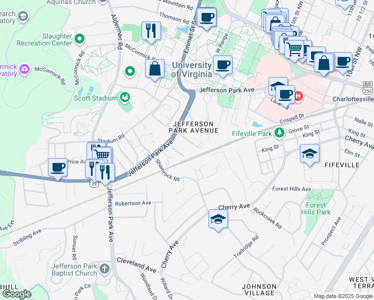 map of restaurants, bars, coffee shops, grocery stores, and more near 1800 Jefferson Park Avenue in Charlottesville