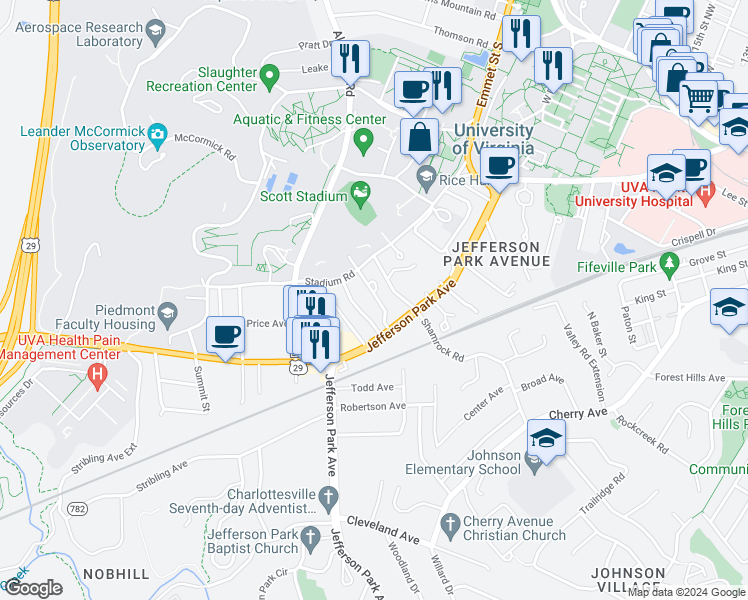 map of restaurants, bars, coffee shops, grocery stores, and more near 115 Harmon Street in Charlottesville