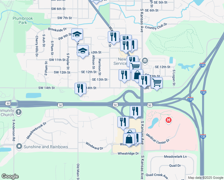 map of restaurants, bars, coffee shops, grocery stores, and more near 401-499 Southeast 14th Street in Newton