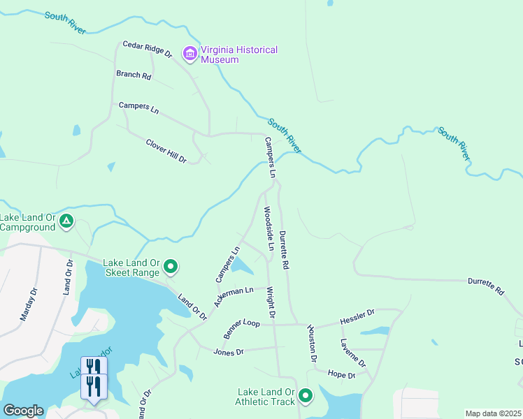 map of restaurants, bars, coffee shops, grocery stores, and more near 219 Woodside Lane in Ruther Glen