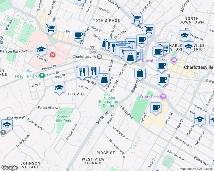 map of restaurants, bars, coffee shops, grocery stores, and more near 337 6th Street Southwest in Charlottesville