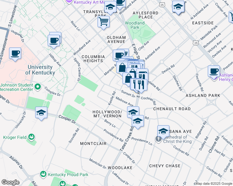 map of restaurants, bars, coffee shops, grocery stores, and more near 608 Kastle Road in Lexington