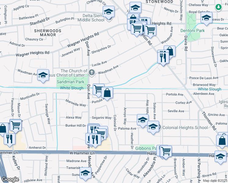 map of restaurants, bars, coffee shops, grocery stores, and more near 2225 Portola Avenue in Stockton