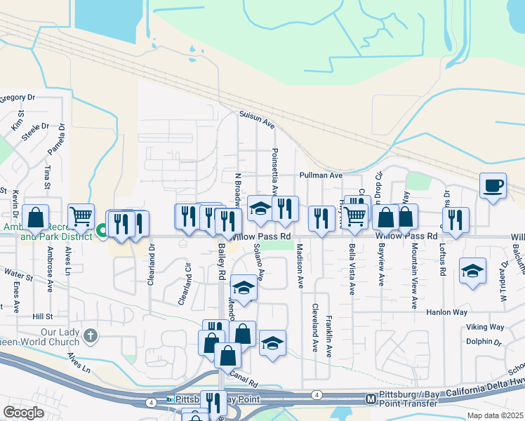 map of restaurants, bars, coffee shops, grocery stores, and more near 40 Solano Avenue in Bay Point